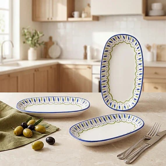 Zeytin Desenli 19 cm 3'lü Porselen Kayık Tabak Seti