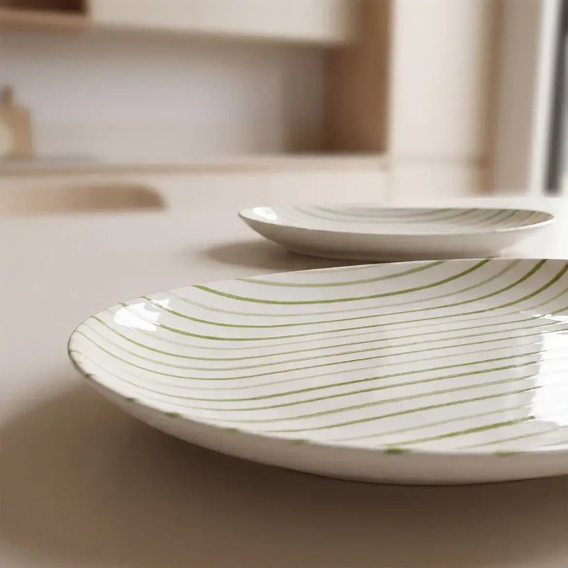 Yeşil çizgi desenli Elips 2'li 25 cm Porselen Kayık Tabak