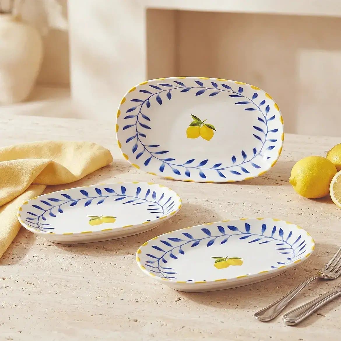 Limon Desenli 19 cm 3'lü Porselen Kayık Tabak Seti