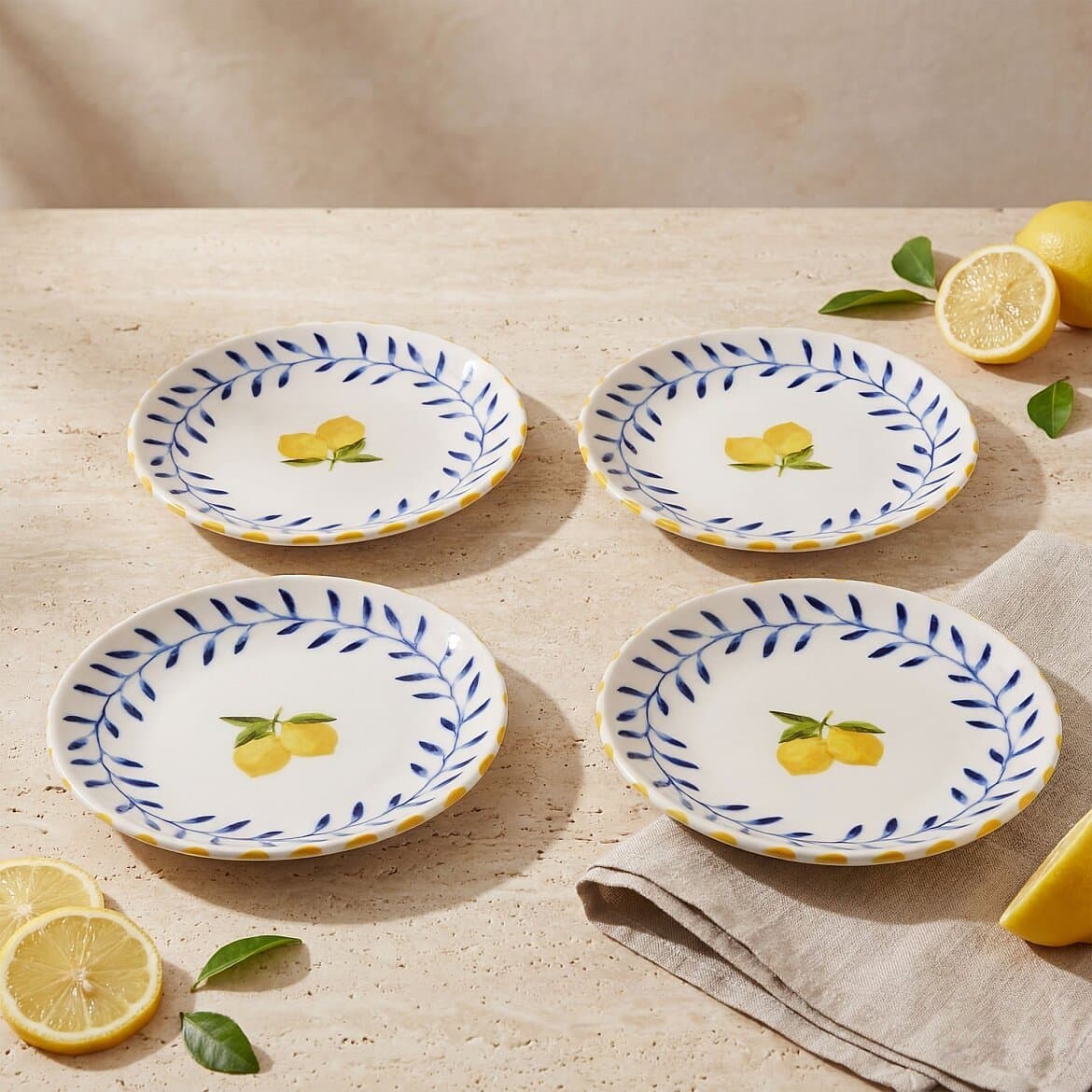 Limon Desenli 19 cm 4'lü Porselen Pasta Tabağı Seti