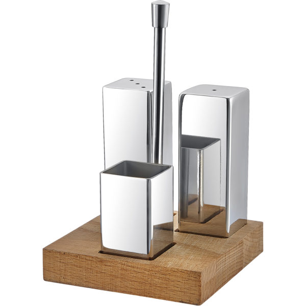 Groovy Wooden Stand Square Triple Salt Shaker Set Glossy-Matt